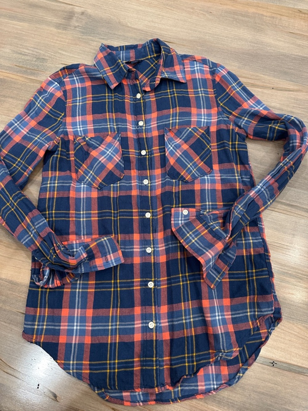 Aeropostale Navy, Coral and Yellow Plaid Shirt